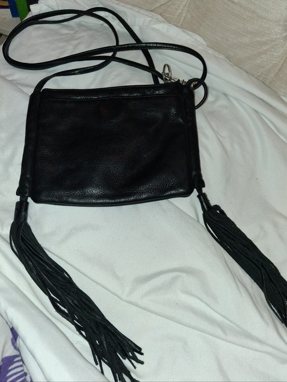 Hobo black Leather Crossbody Bag with Fringe Tassels.